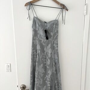 Lulus Loveliest Looks Dusty Blue Floral Jacquard Tie-Strap Midi Dress